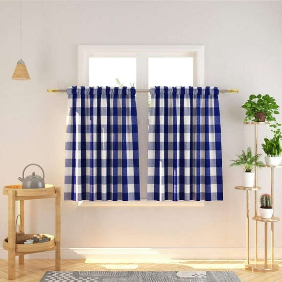 Cafe Curtains 36 inches Long Buffalo Plaid Kitchen Tiers 2 Panels Rod Pocket Gingham Check Short Curtains Bathroom Navy Blue & White