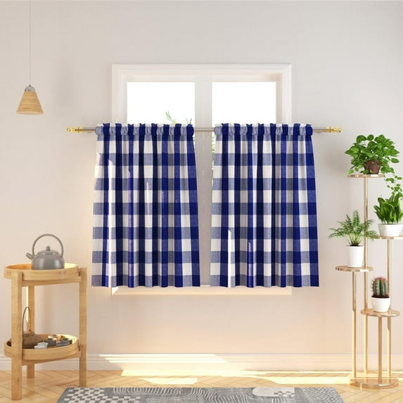 Cafe Curtains 36 inches Long Buffalo Plaid Kitchen Tiers 2 Panels Rod Pocket Gingham Check Short Curtains Bathroom Navy Blue & White