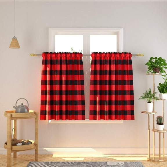 Cafe Curtains 36 inches Long Buffalo Plaid Kitchen Tiers 2 Panels Rod Pocket Gingham Check Short Small Window Curtains Bathroom Red & Black