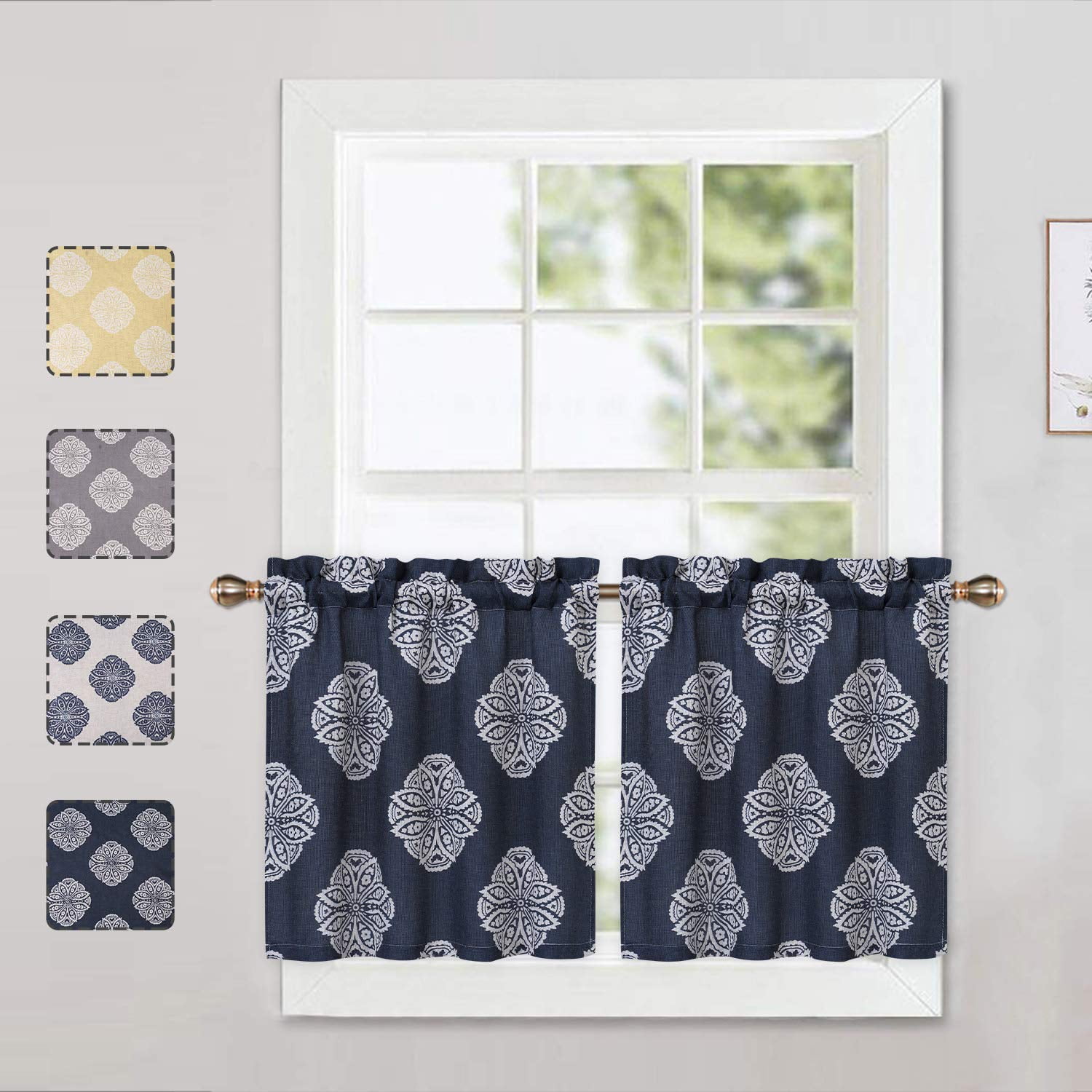 Cafe Curtains Floral Medallion Damask Print Linen Blended Tier Curtains ...