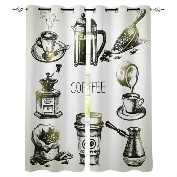 Cafe Doodle Teapot Cup Food Print Curtains for Living Room Drapes Cortinas for Kids Boy Girl Bedroom Window Tr