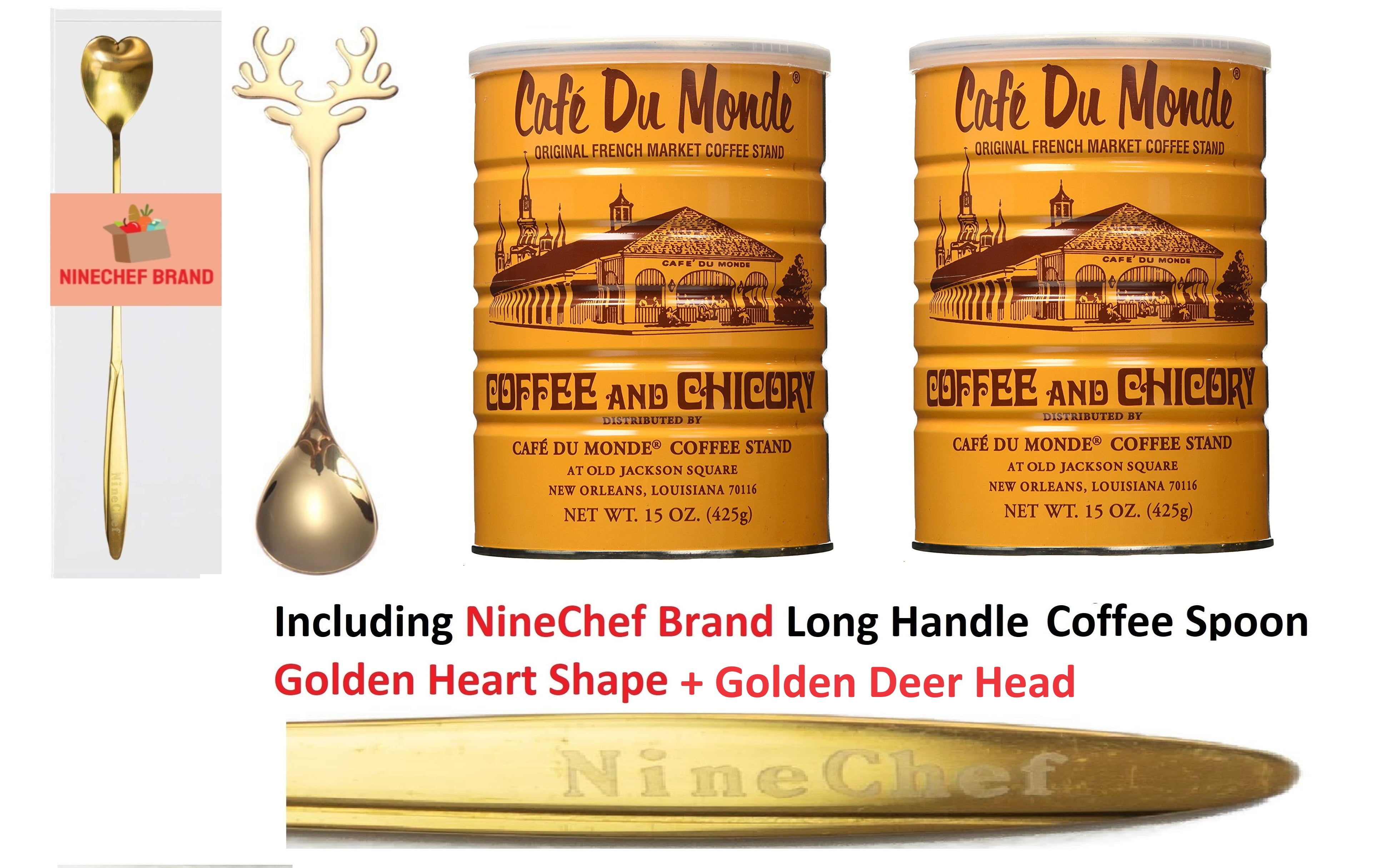 Cafe Du Monde Coffee & Chicory Blend, 15 Oz. (2 x 15 Ounce Packs) + One NineChef Spoon