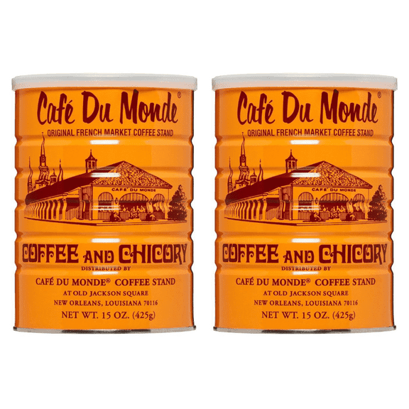 Cafe Du Monde Naturally Caffeinated Ground Coffee and Chicory, 2 Cans, 15 Oz