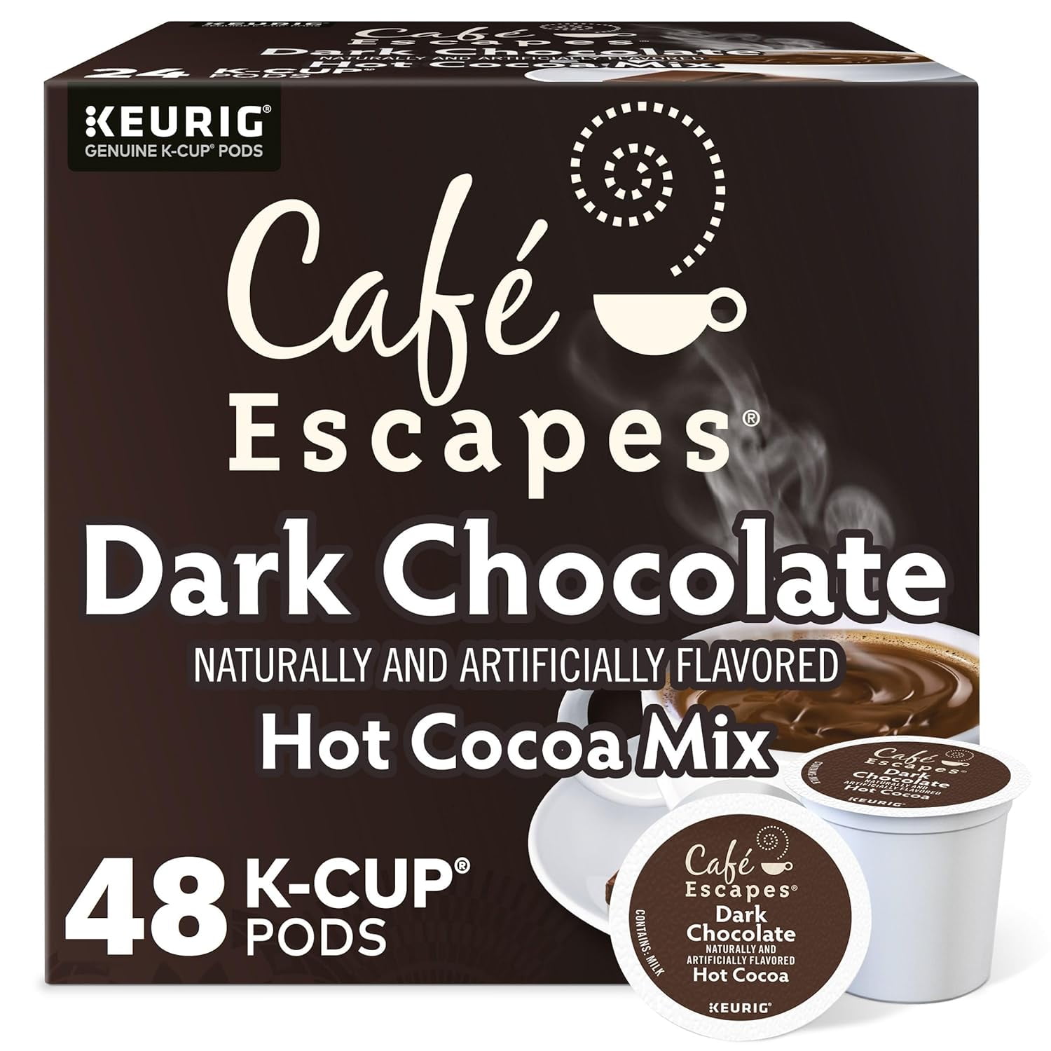 Cafe Escapes, Dark Chocolate Hot Cocoa, SingleServe Keurig KCup Pods, 48 Count (2 Boxes of 24