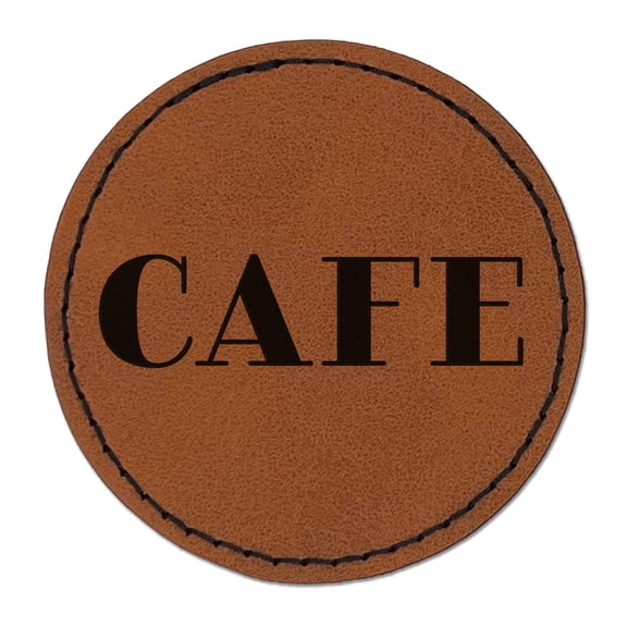 Cafe Fun Text 2.5" Faux Leather Round Engraved Iron-On Patch - Brown