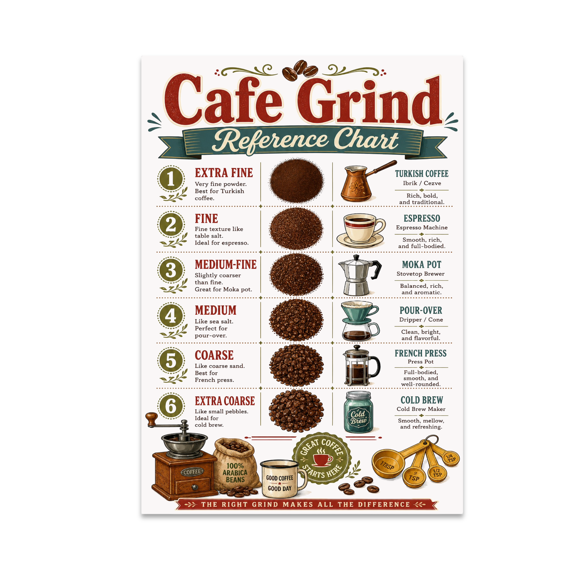 Cafe Grind Reference Chart - Coffee Enthusiast - 13x19 Poster Print