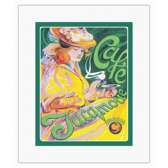 Cafe Jacqmotte - Brussels (Bruxelles) Belgium - Vintage Advertising Poster by Fernand Toussaint c.1897 - Fine Art Rolled Canvas Print (Unframed) 11in x 14in