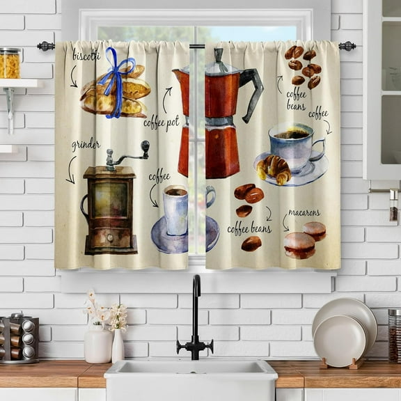 Cafe Kitchen Curtains Set for Windows: Farmhouse Coffee Beans Drink Decor Modern Short Cafe Curtains for Dinning Room Tier Half Curtains Rod Pocket Window Drapes 36 Inch Length 2 Panels Set