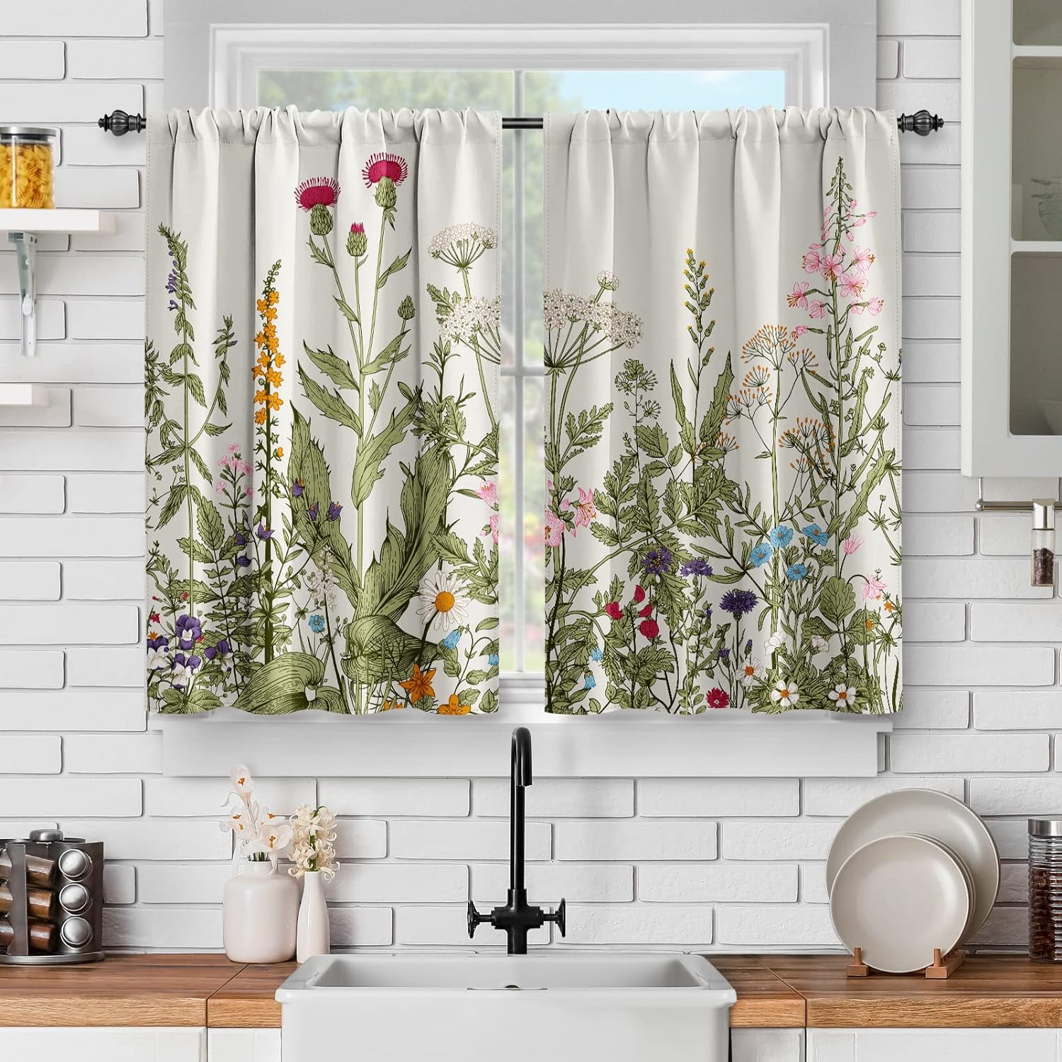 Cafe Kitchen Curtains Sets for Windows - Wildflower Spring Short Half ...