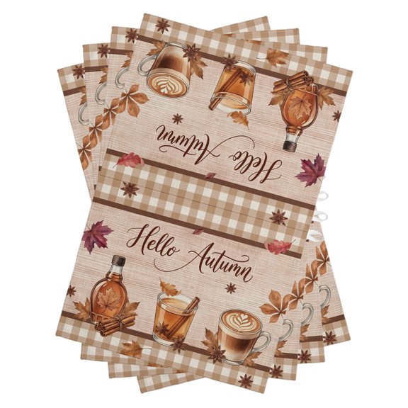Cafe Kitchen Towels Dish Towel Pack of 4 Hallo Autumn Thanksgiving Maple Leaf Brown Coffee Plaid Soft Dish Cloth Set Absorbent Dishcloth for Drying Dishes, Hand Towels 18 x 28 Inches