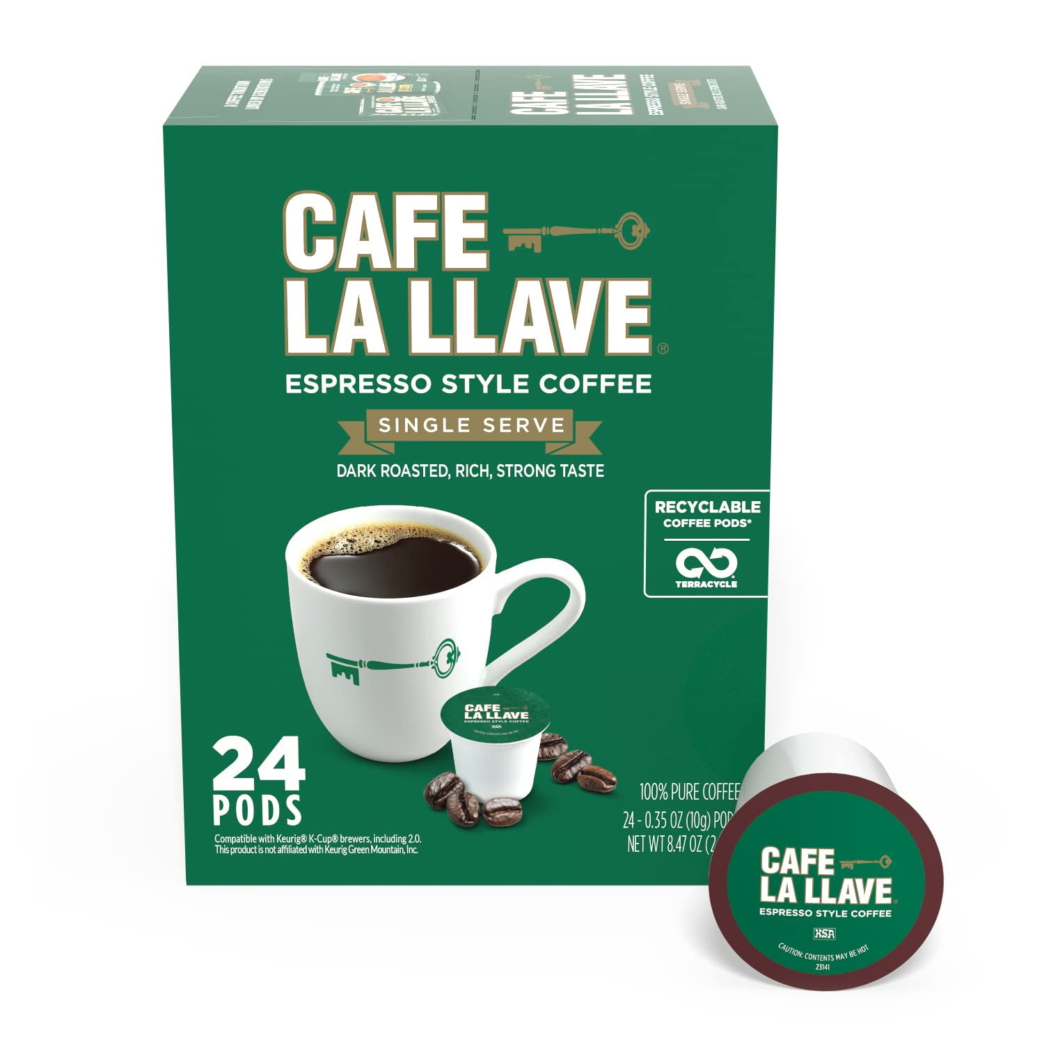 Cafe La Llave Espresso-Style Dark Roast Coffee Pods for Keurig K-Cup Brewers - Bold, Rich Flavor - 24 Count Single Serve Recyclable Capsules- Family Crafted