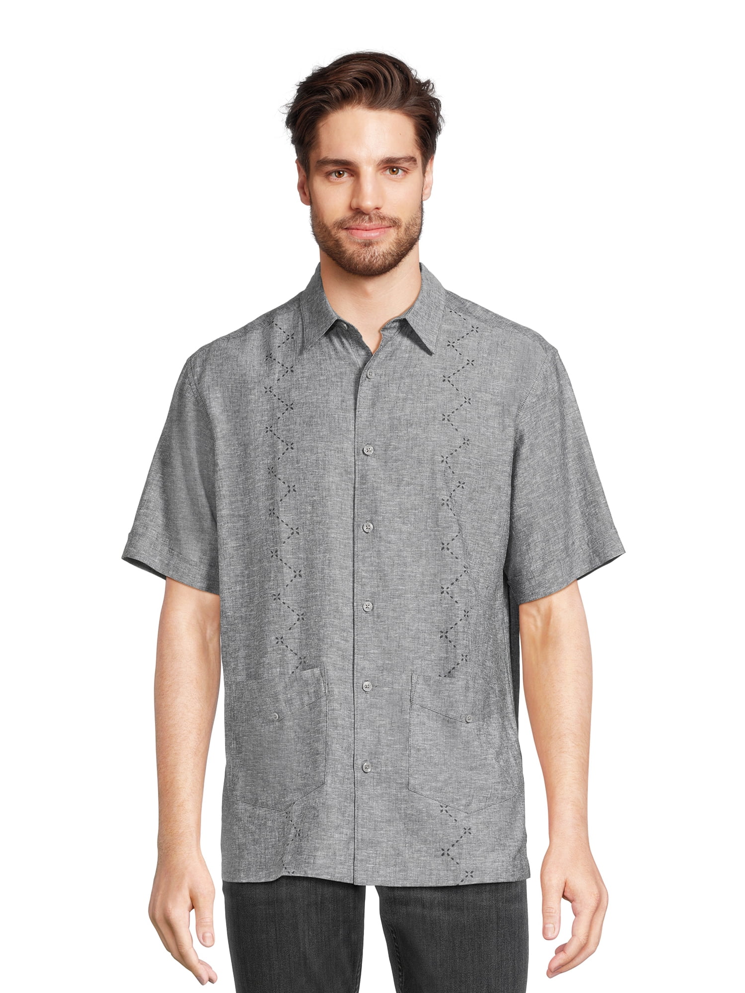 Cafe Luna Men's Crossed Panel Print Woven Guayabera Shirt with Two ...