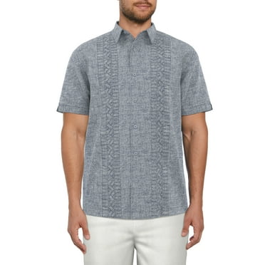 Cafe Luna Men’s Linen Blend Crossed Geo Print Panel Short Sleeve Shirt, up to Size 5XL