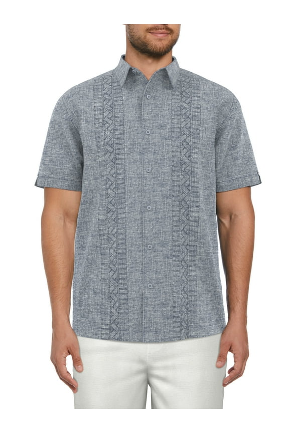 Men’s Linen Blend Crossed Geo Print Panel Short Sleeve Shirt, up to Size 5XL