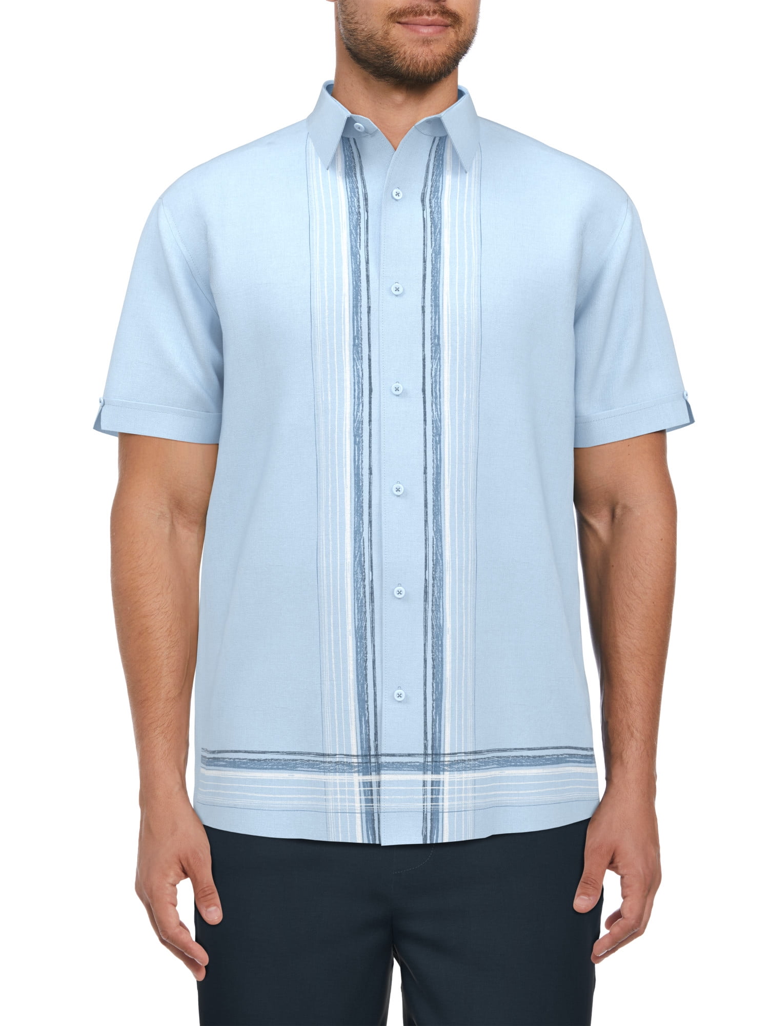 Cafe Luna Men’s Linen Blend Linear L-Shape Print Short Sleeve Shirt, up to Size 5XL