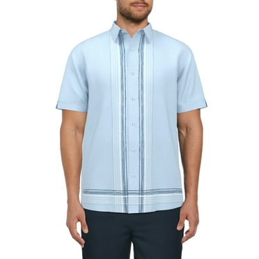 Cafe Luna Men’s Linen Blend Linear L-Shape Print Short Sleeve Shirt, up to Size 5XL