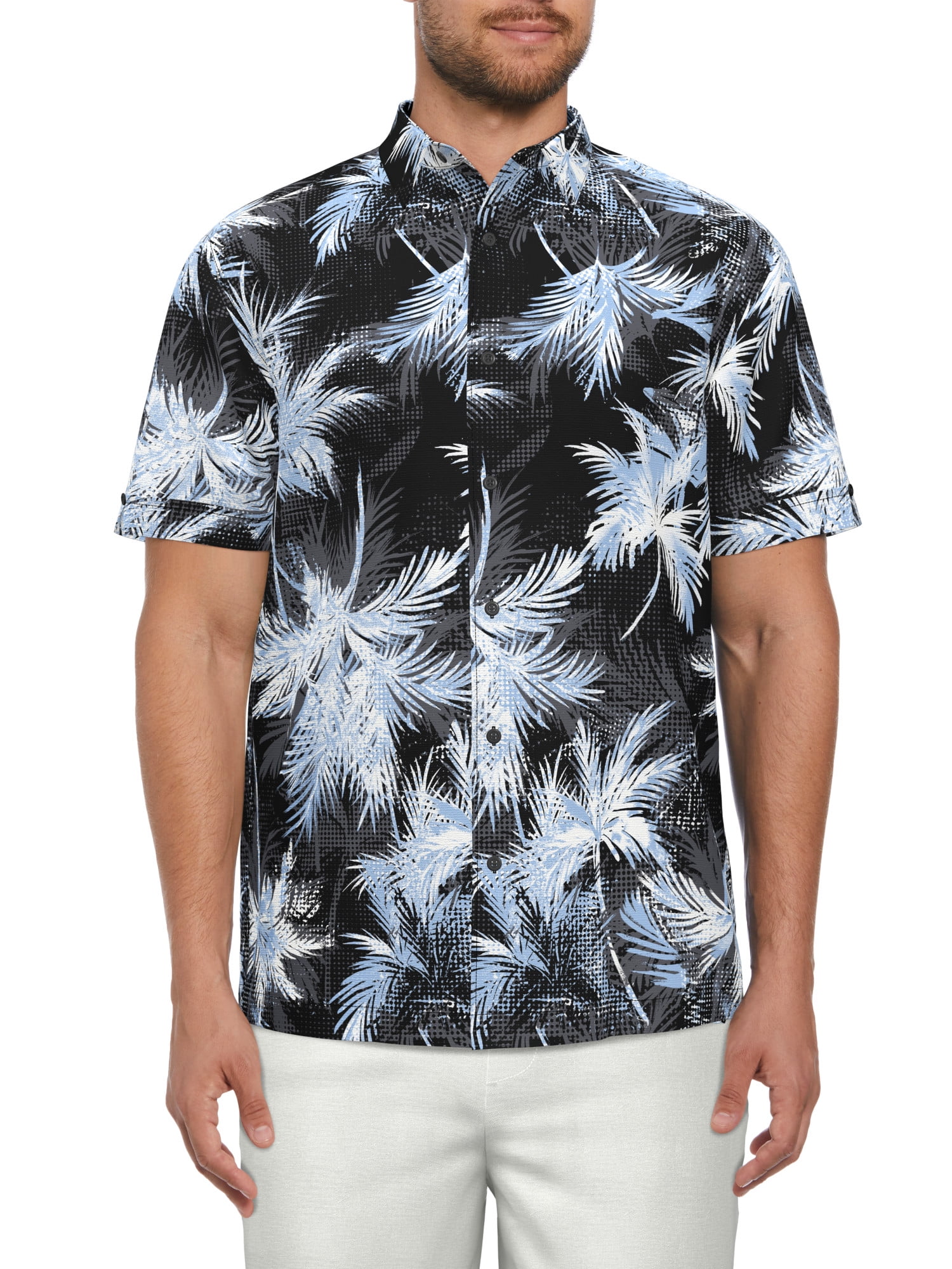 Cafe Luna Men’s Palm Print Short Sleeve Shirt, up to Size 5XL