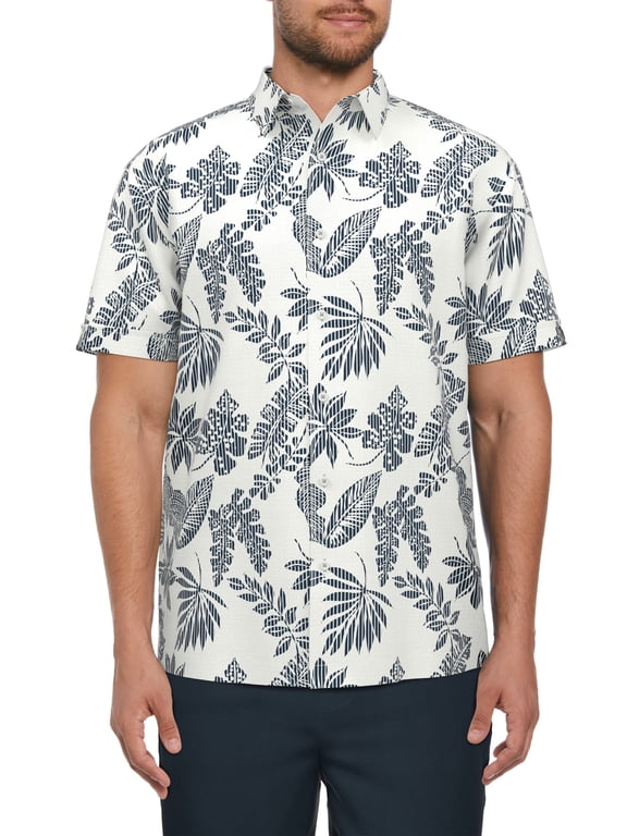 Men’s Striped Tropical Print Short Sleeve Shirt, up to Size 5XL