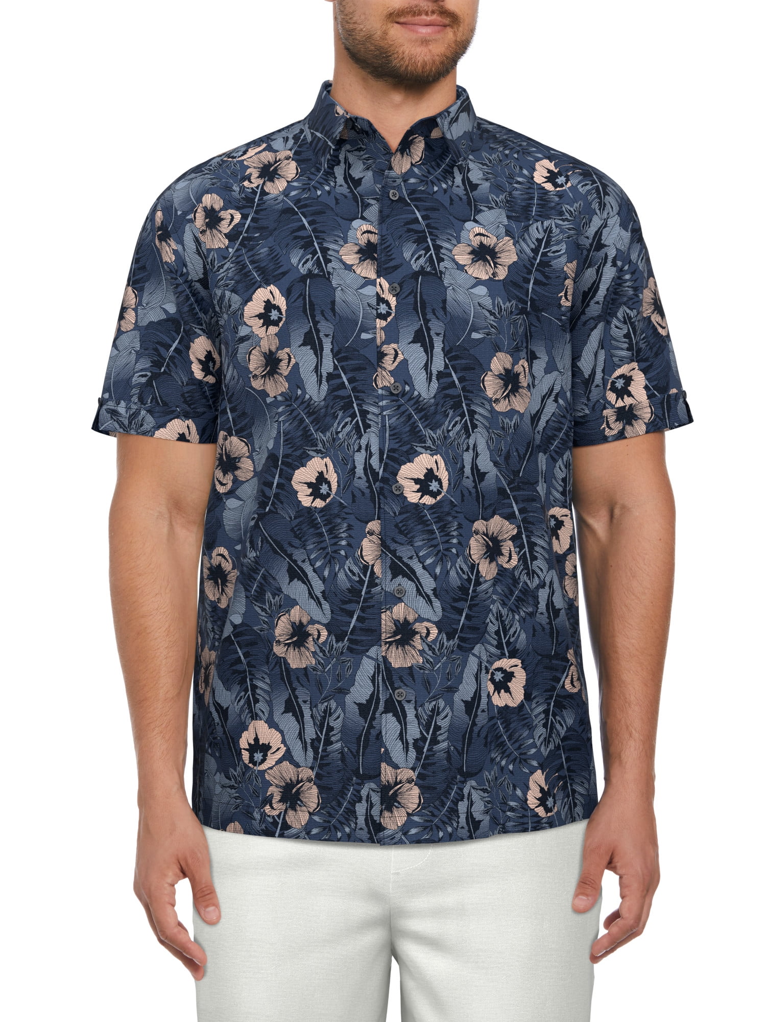 Cafe Luna Men’s Tropical Flower Print Short Sleeve Shirt, up to Size 5XL