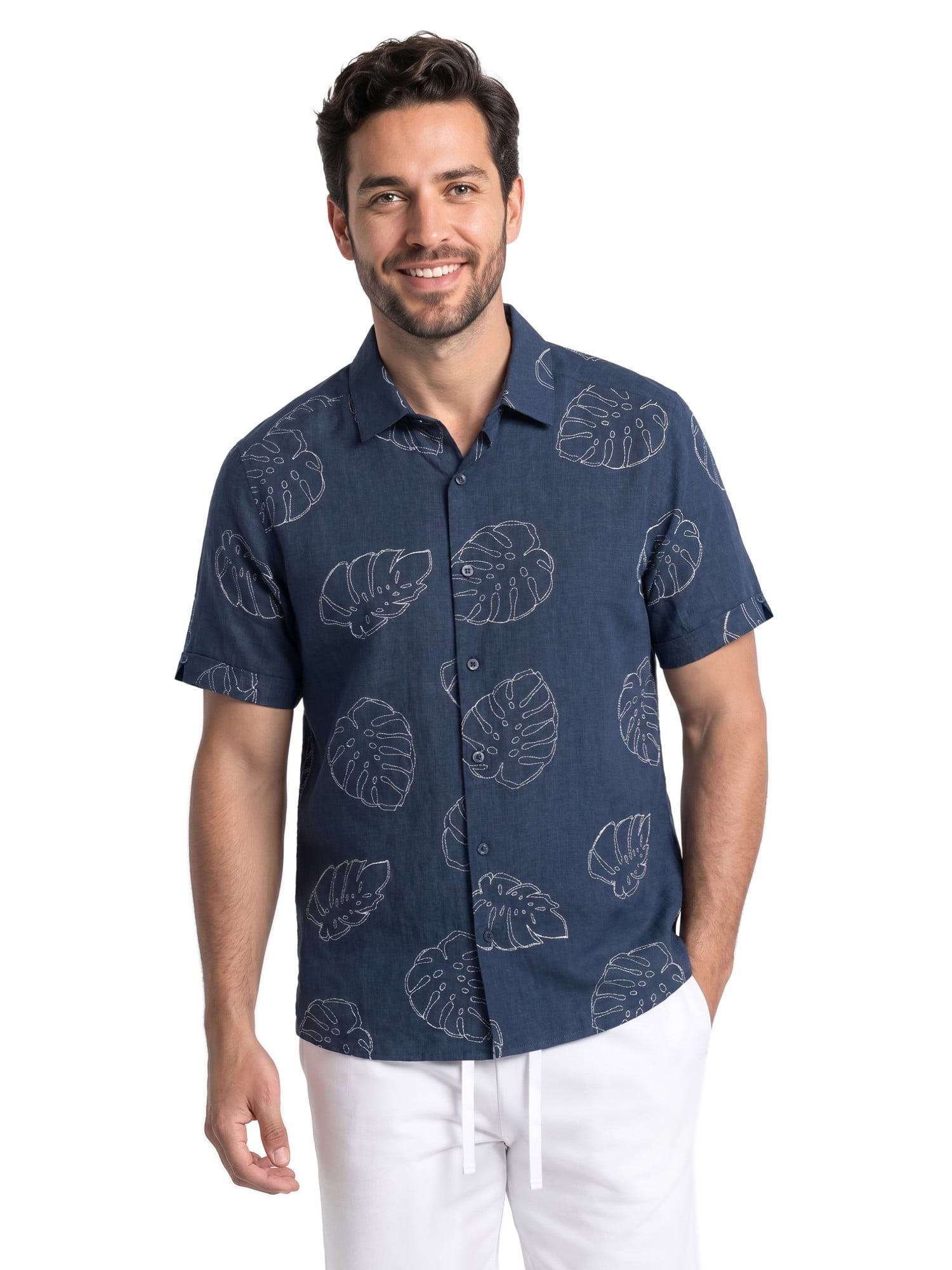 Cafe Luna Men’s and Big Men’s Embroidery-Look Allover Print Linen-Cotton Short Sleeve Button-Down Shirt, S-5XL