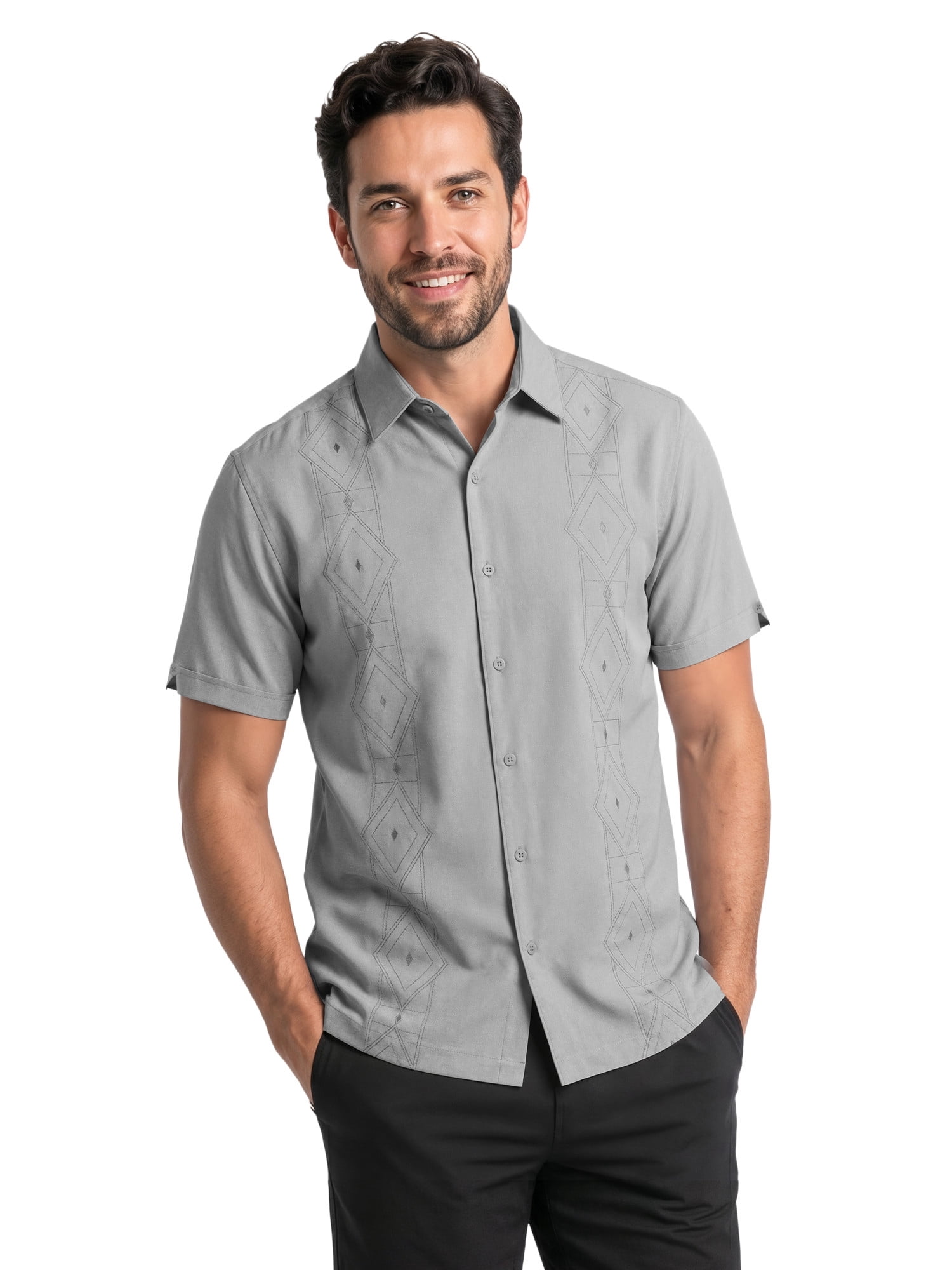 Cafe Luna Men’s and Big Men’s Geo Printed Panels Short Sleeve Button-Down Shirt, S-5XL