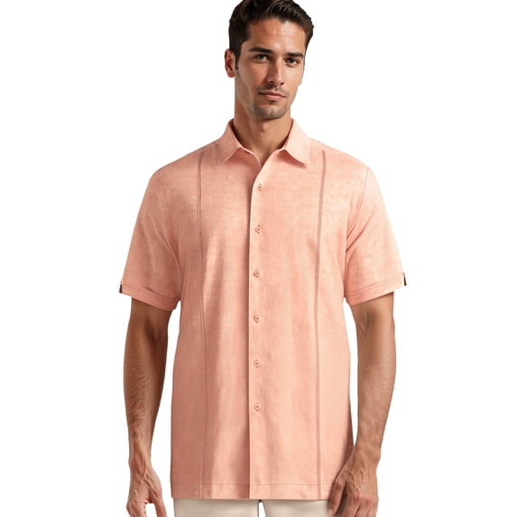 Cafe Luna Men's and Big Men's Short Sleeve Linen-Cotton Tuck Panel Woven Shirt, Sizes S-5XL