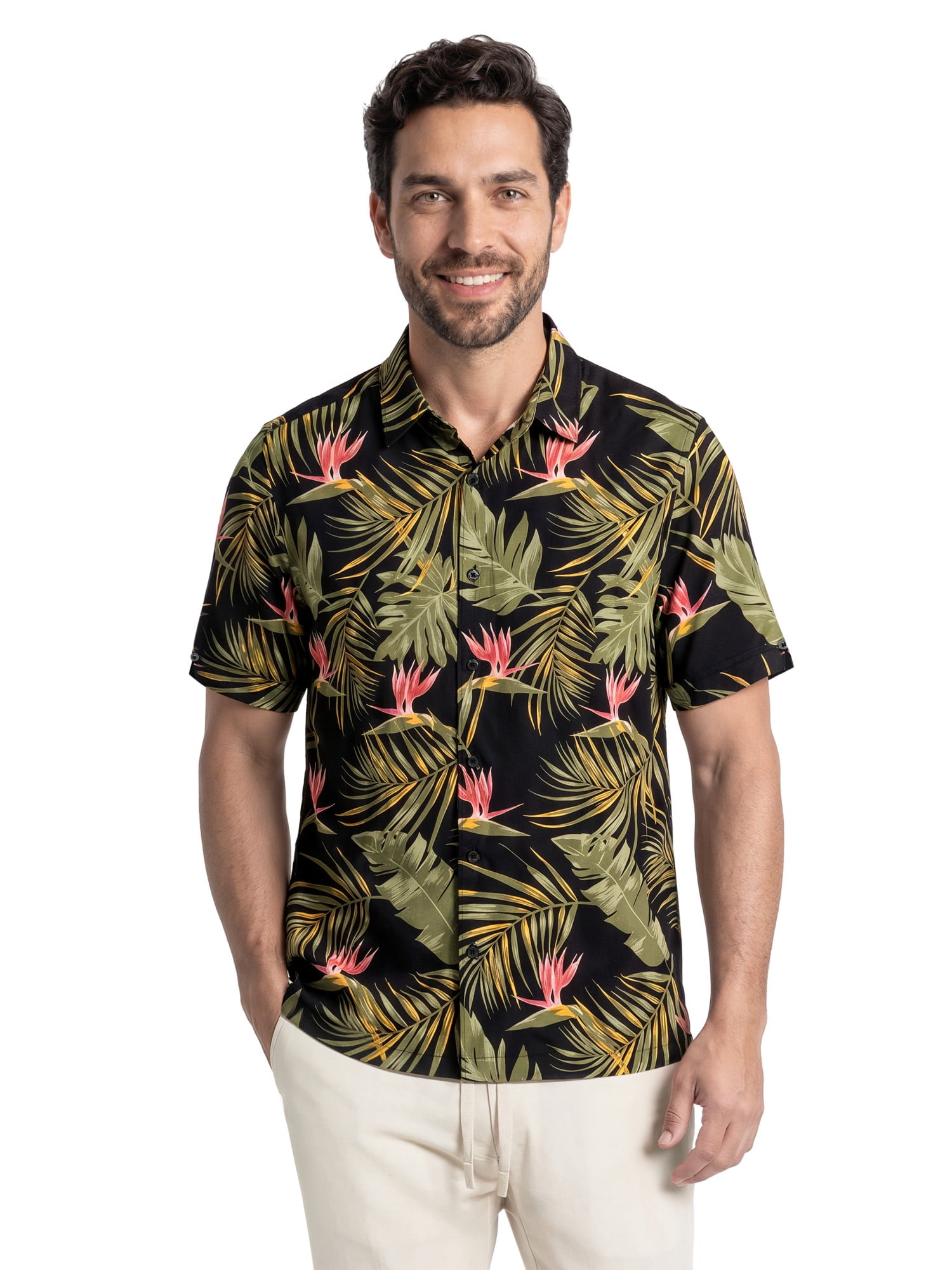 Cafe Luna Men’s and Big Men's Short Sleeve Tropical Bird of Paradise Print Camp Button-Down Shirt, S-5XL