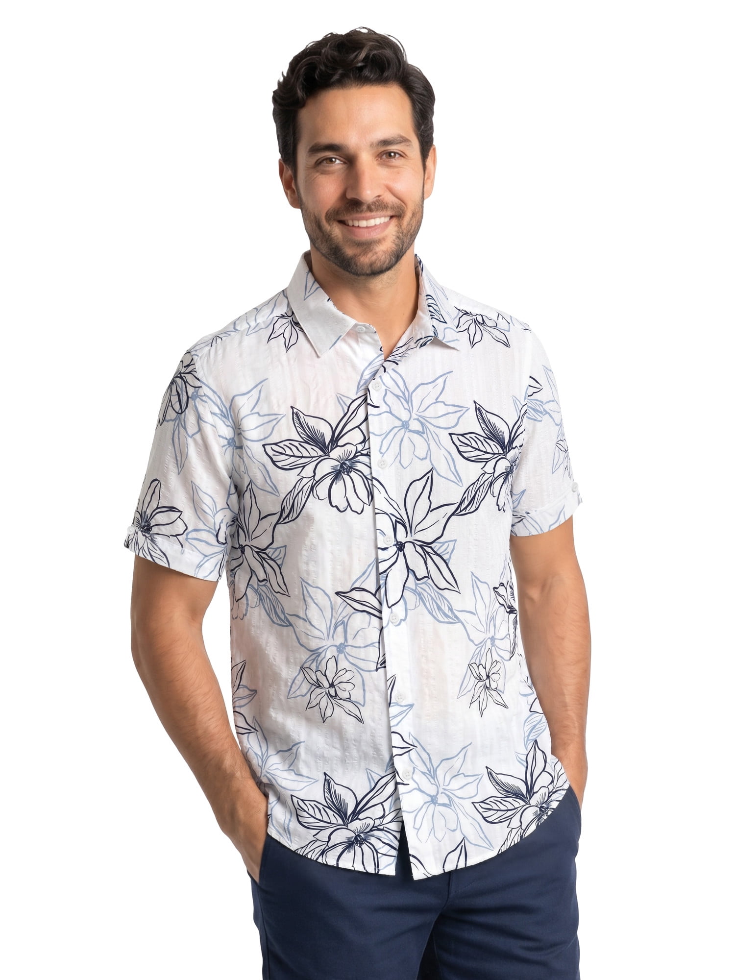 Cafe Luna Men’s and Big Men’s Seersucker Tropical Floral Print Short Sleeve Button-Down Shirt, S-5XL
