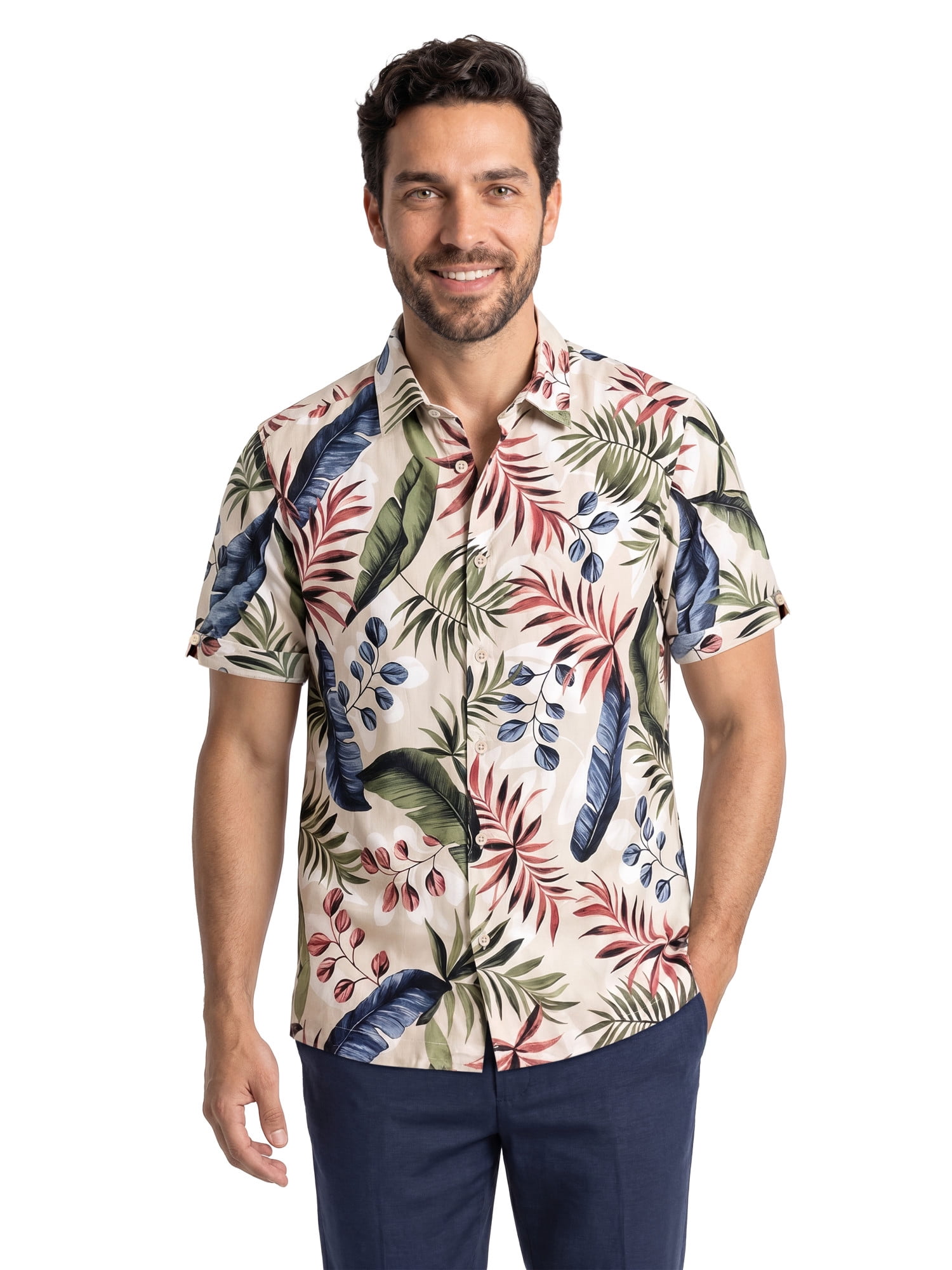 Cafe Luna Men’s and Big Men’s Tropical Leaf Print Short Sleeve Button-Down Shirt, S-5XL