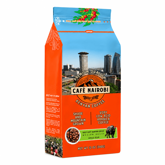 Cafe Nairobi Half Caff Roasted Whole Bean Coffee Medium Roast - 12 oz Smooth Flavor Roast Bag