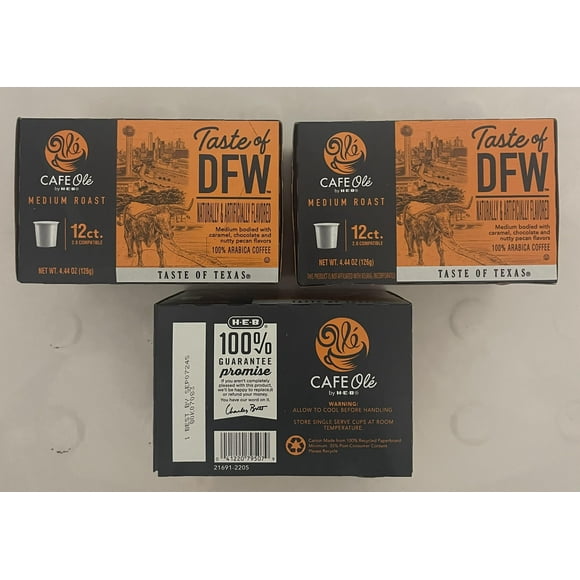 Cafe Ole DFW medium roast blend coffee pods.  12 count boxes.  Bundle of 3 with DMC spoon included.  Taste of Texas with a smoothe cup of coffee in the moring.