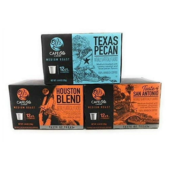 Cafe Ole Medium Roast Gourmet Coffee, 3 Flavor Texas Pecan, Houston Blend, Taste of San Antonio, for K-Cups, 12 Count Boxes (Pack of 3)