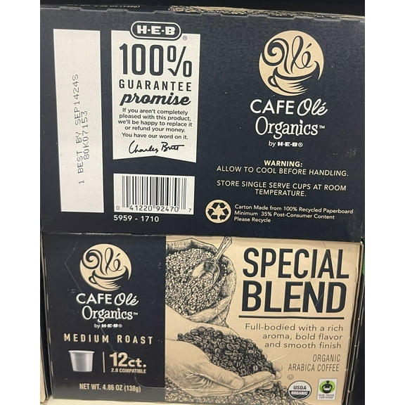 Cafe Ole Special Blend coffee.  Medium Roast and Organic.  12 cups per box.  2 box bundle.