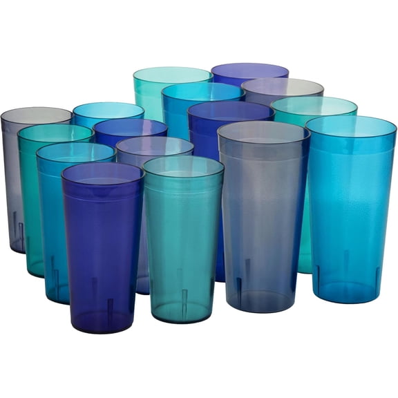 Cafe Plastic Reusable Tumblers (Set of 16) 20oz Water & 32oz Iced-Tea Cups Coastal Colors, Restaurant Style Drinking Glasses, Stackable, BPA-free, Made in the USA, Top-rack Dishwasher Safe