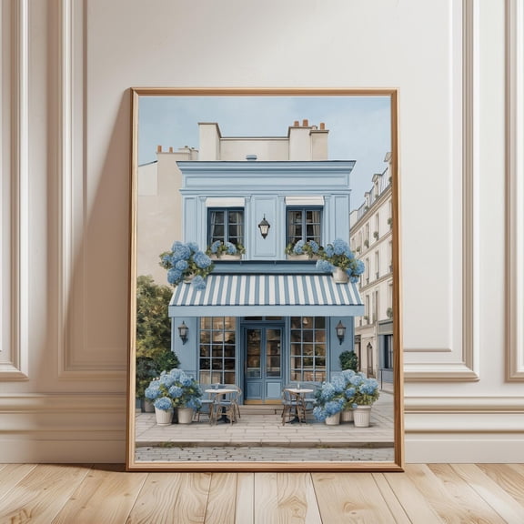 Cafe Print-Vintage Art Cafe Wall Art Blue Decor Pastel Art Kitchen Decor Cottage Core Coffee Print Blue Hydrangea Kitchen Print, Unframed Paper Print