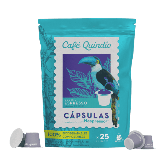 Cafe Quindio Compostable Coffee Pods, compatible with Nespresso Original machines - Gourmet Espresso Coffee - 25 Pods/Bag