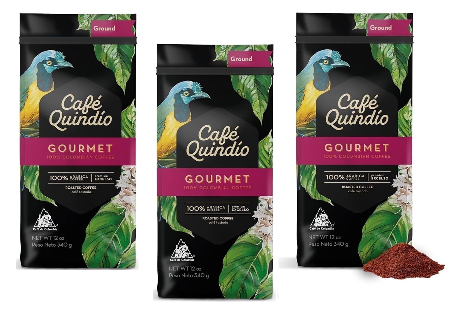 Cafe Quindio Gourmet - Medium Roast 100% Colombian Excelso Ground Arabica Coffee - 12 Ounce Bag (Pack of 3)