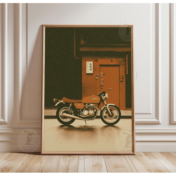 Cafe Racer Motorcycle Print Japanese Street Scene Retro Illustration