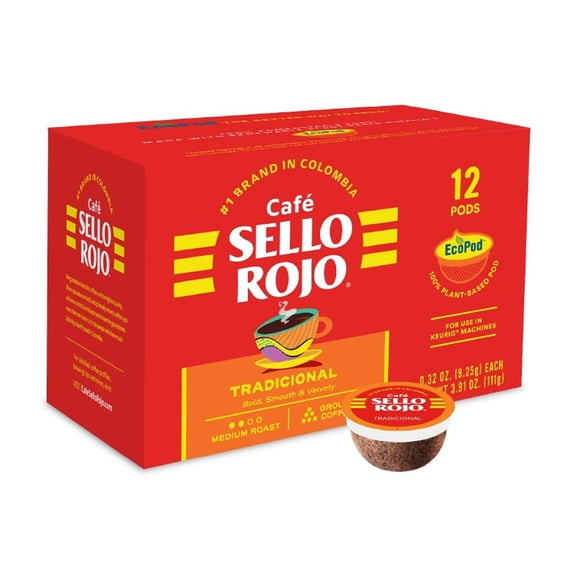 Cafe Sello Rojo Tradicional Single Serve Coffee Pods |12 Count, Naturally Caffeinated