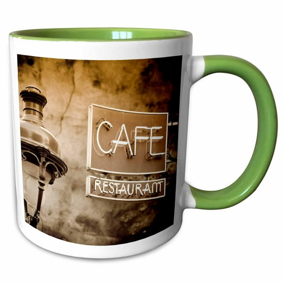 3drose, Cafe Sign and Lamp Post, Paris, France, 11oz Two-tone Green Mug