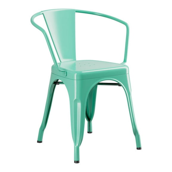 Cafe Style Stackable Aquamarine Metal Restaurant Dining Arm Chair For Indoor or Outdoor Use.