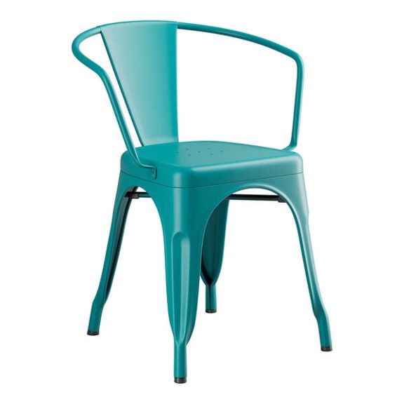 Cafe Style Stackable Teal Metal Restaurant Dining Arm Chair For Indoor or Outdoor Use.