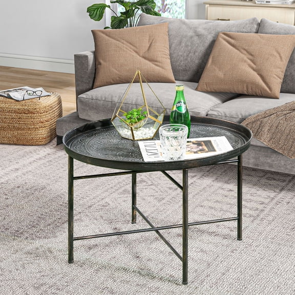 Cafe Table for Living Room, 24" Round Center Table with Hammered Tray Top and Metal Frame for Bedroom, Pewter