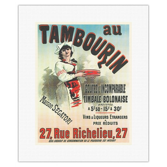 Cafe Tambourine (Café du Tambourin) - Paris France - Vintage French Advertising Poster by Jules Chéret c.1885 - Fine Art Rolled Canvas Print 11in x 14in