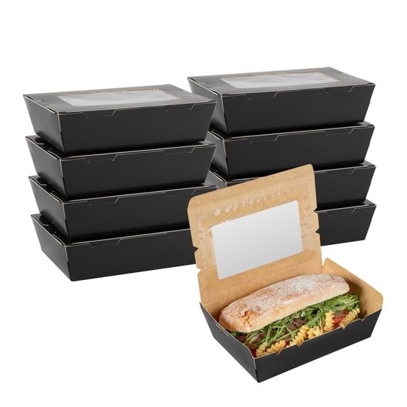 Cafe Vision 42 oz Black Paper Medium Take Out Container - Hinge Lock - 8" x 5 1/2" x 2" - 50 count box