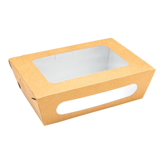 Cafe Vision 57 oz Rectangle Kraft Paper Extra Large Bio Take Out Container - Two Windows - 8" x 5 1/2" x 2 1/2" - 200 count box