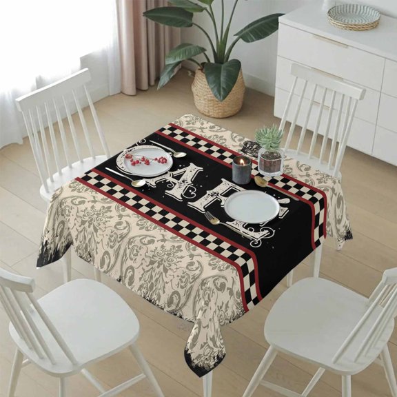 Cafe Words on Black Background Table Cloth 54x54in, Waterproof Square Tablecloth Wipeable Tablecloths Vintage Crown Table Covers for Dining Tables Party Indoor Outdoor