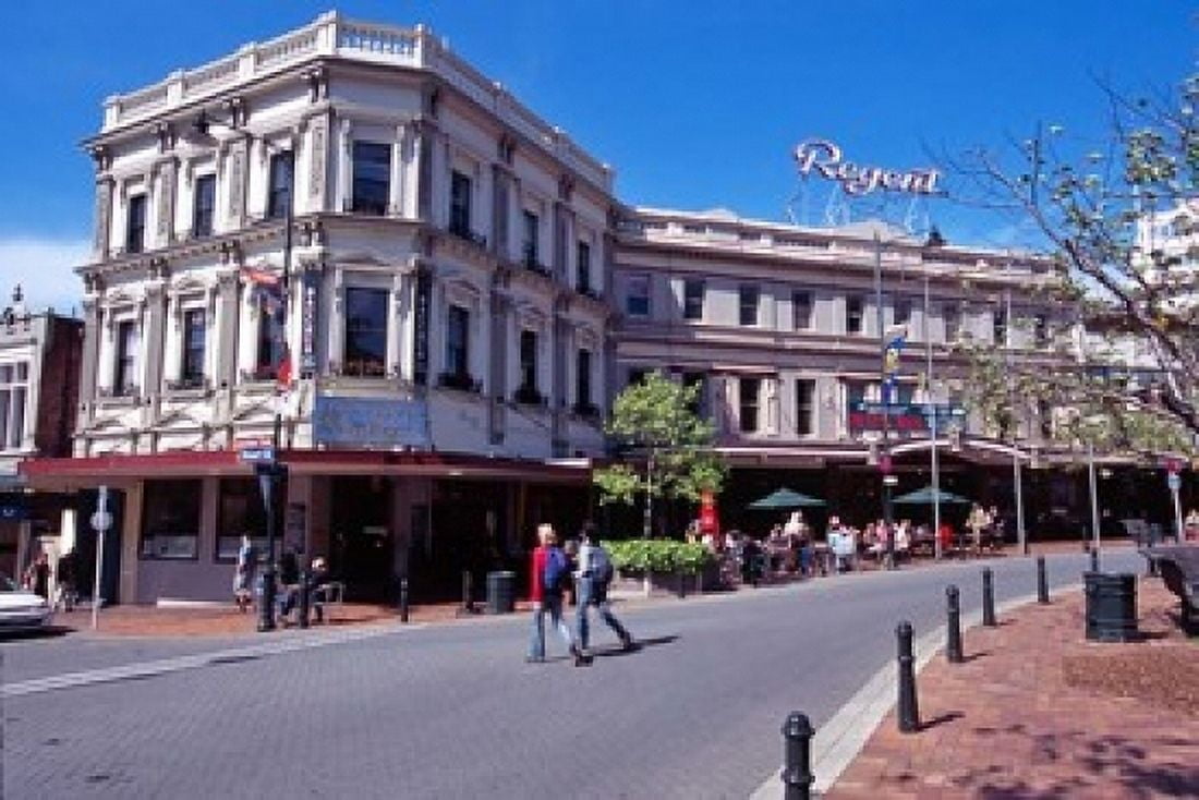 Cafe and Regent Theatre Octagon Dunedin New Zealand Canvas Art - David Wall DanitaDelimont (18 x 12)