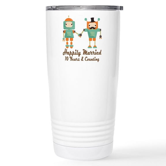 CafePress - 10Th Anniversary Vintage Robot Couple Mugs - Insulated Stainless Steel Travel Tumbler 20 oz.