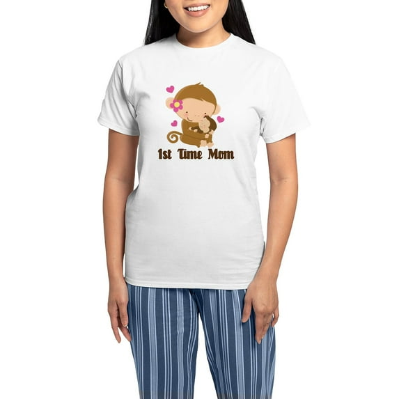 CafePress - 1St Time Mom Monkey Gift Women's Light Pajamas - Women's Short Sleeve Print T-Shirt and Pants Light Cotton Pajama Set